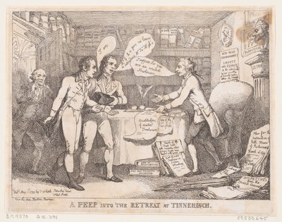 1799 年 5 月 1 日、ティネチャーチ ユナイテッド アイリッシュのリトリートをのぞく。 作： Thomas Rowlandson
