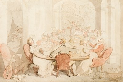 カントリーハウスで騒々しい昼食（紙にインクとカラーウォッシュ） 作： Thomas Rowlandson