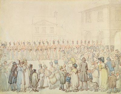 ノーサンプトン州ブラックリーのノーサンプトンシャー民兵のレビュー（紙に水彩でペンとインク） 作： Thomas Rowlandson