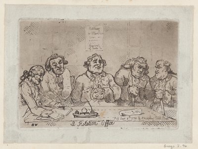 A Rotation Office、[1774 年 6 月 8 日] 1779 年再発行、[1774 年 6 月 8 日] 1779 年再発行。 作： Thomas Rowlandson
