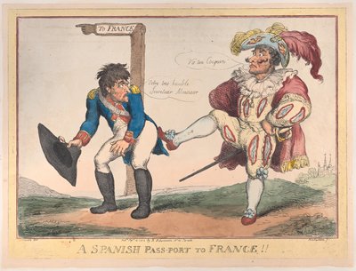 スペインのパス・ポートからフランスへ！！、1808年9月12日。 作： Thomas Rowlandson