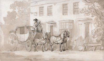 宿屋の入り口の前に停まっている駅馬車 作： Thomas Rowlandson