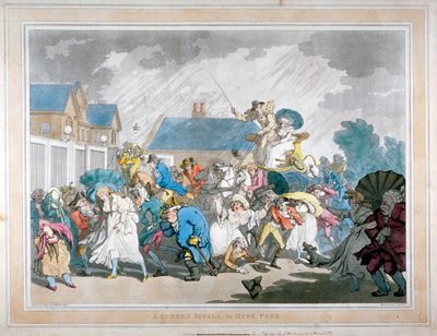 「ハイドパークの突然のスコール」、ロンドン、1791 作： Thomas Rowlandson