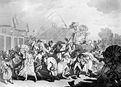 ハイドパークでの突然のスコール、c1791。 作： Thomas Rowlandson