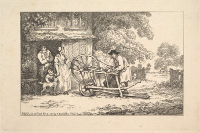 1787年にコテージのドアにあるトラベリングナイフグラインダー。 作： Thomas Rowlandson