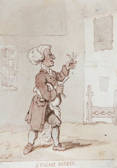 ある村の理髪師 （インク、水彩） 作： Thomas Rowlandson
