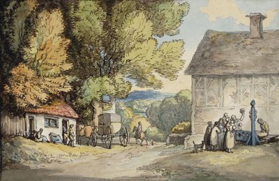 村の緑：木の下で停止した馬車、在庫の男と見物人のグループ、 作： Thomas Rowlandson
