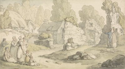 人物と廃墟の建物のある村のシーン（水彩、ペンとインク、紙に鉛筆） 作： Thomas Rowlandson