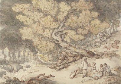 ウッドカッターのピクニック（紙の上のグラファイトの上に水彩でペンとインク） 作： Thomas Rowlandson