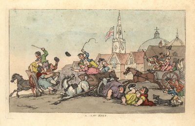 イギリスの町で起きた事故を背景にしたカートレース。 作： Thomas Rowlandson