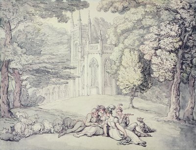 前景に乙女と若い紳士のグループがいる大学の緑、c.1810-15（紙に鉛筆の上にペンとインクと水彩画） 作： Thomas Rowlandson