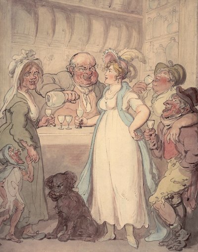若い魅力的な女性が、ジンを飲むことの「楽しみ」を紹介されている、c1810 作： Thomas Rowlandson