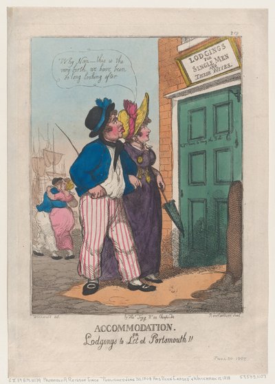 1808年6月30日、ポーツマスで貸し出される宿泊施設！1808年6月30日。 作： Thomas Rowlandson