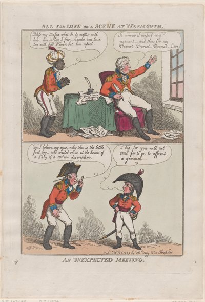 All for Love or A Scene at Weymouth、予期せぬ出会い、1809 年 2 月 26 日、1809 年 2 月 26 日。 作： Thomas Rowlandson