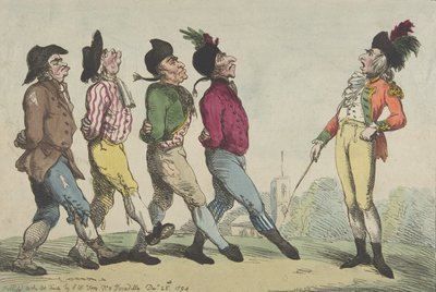 行進の初期のレッスン、1794 年 12 月 24 日、1794 年 12 月 24 日。 作： Thomas Rowlandson