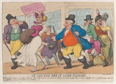 1810年10月25日、老齢の雌羊が子羊のファッションに身を任せていた。 作： Thomas Rowlandson