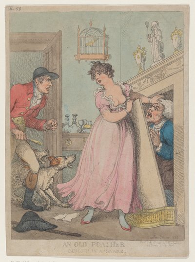 わなにかかった年老いた密猟者、1805 年 7 月 18 日、1805 年 7 月 18 日。 作： Thomas Rowlandson