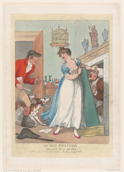 わなにかかった年老いた密猟者、1823 年 6 月 19 日、1823 年 6 月 19 日。 作： Thomas Rowlandson