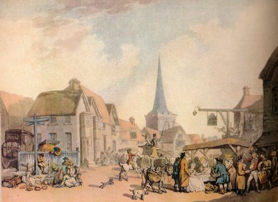 18世紀の古いイギリスの村の風景。 1941 作： Thomas Rowlandson