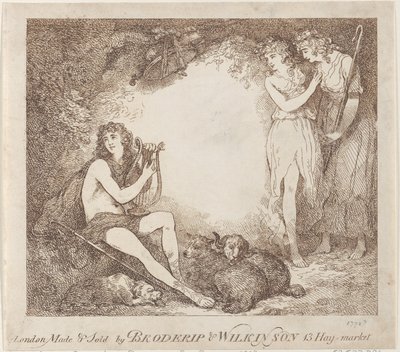 アポロ、リラ、ダフネ オペラ座のマリアンを描いたトレードカード、1797-99., 1797-99. 作： Thomas Rowlandson