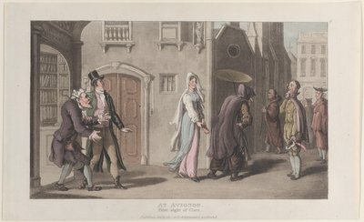 アヴィニョンで、クララの最初の光景、1817 年 12 月 1 日の感傷的な旅のジャーナルから。 作： Thomas Rowlandson