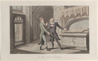 ラウラの墓にて、1817 年から 1821 年の南部諸州における感傷的な旅のジャーナルより。 作： Thomas Rowlandson