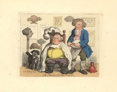 カツラで飾られた理髪店での理髪師と客。 作： Thomas Rowlandson