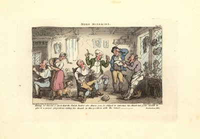 お客さんの髭を剃ろうとして親指を切ってしまった床屋さん。 作： Thomas Rowlandson