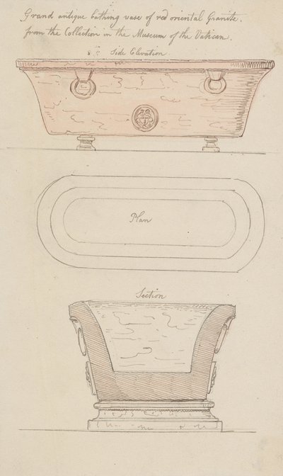 赤い花崗岩製の水浴び用花瓶、バチカン 作： Thomas Rowlandson