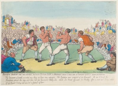 1810 年 5 月 31 日、1810 年 6 月 5 日、ダッチ サムとメドレーの間で 200 ギニーのボクシング マッチが行われました。 作： Thomas Rowlandson
