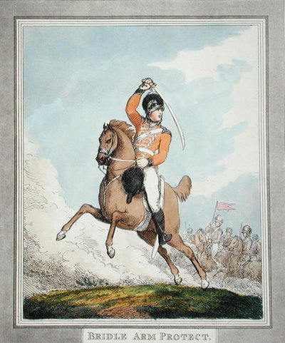 1798年に出版された「Hungarian and Highland Broadsword」より、ブライドル・アーム・プロテクト（アクアチント）。 作： Thomas Rowlandson