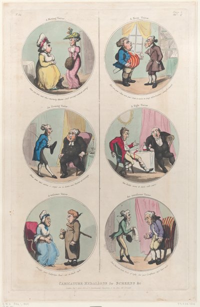 スクリーン用似顔絵メダリオン &c: A Morning Visitor, An Evening Visitor, A We..., April 1, 1800. 作： Thomas Rowlandson