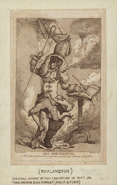 喫煙山羊としてのウィリアム・ピットの風刺画（点描彫刻） 作： Thomas Rowlandson