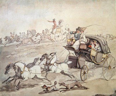広大な草原を全速力で走る馬車と騎手、1800年頃（紙にペンとインク、ウォッシュ） 作： Thomas Rowlandson