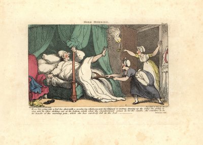 寝ている客の木の足を引っ張る客室係。 作： Thomas Rowlandson