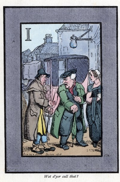 小さなチップについて乗客に文句を言うハックニーのチェック（1819年）。トーマス・ローランドソン（1756-1827）の絵をもとにした木版画。『The Cris of London: with six charming children and nearly 40 illustrations, by Andrew Tuer, Field and Tuer』に掲載されています。 作： Thomas Rowlandson