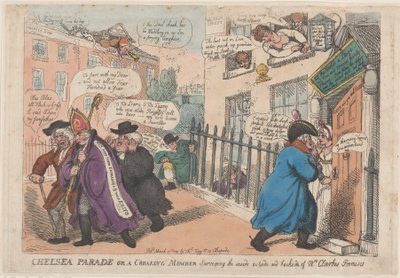 チェルシー・パレード、または「...の内側・外側・裏側を調査するクローク・メンバー」、1809年3月4日。 作： Thomas Rowlandson