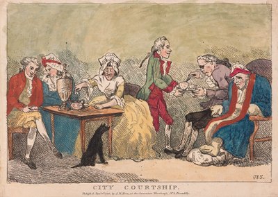 シティ求愛、パブ。 1786年（手描きの彫刻） 作： Thomas Rowlandson