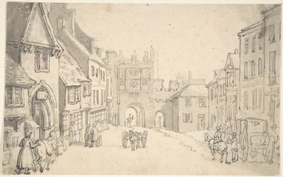 中世の門のある街並み（おそらくヨーク） 作： Thomas Rowlandson