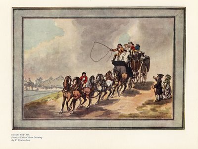 馬車と6頭の馬、屋根の上には乗客と荷物 作： Thomas Rowlandson
