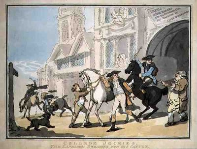 "College Jockies, The Landlord Sweating for his Cattle", pub. by E. Jackson 作： Thomas Rowlandson
