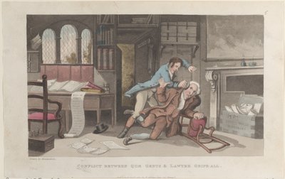 Quae GenusとLawyer Gripe-allの対立（『The History of Johnny Q...』1821年10月1日より）。 作： Thomas Rowlandson