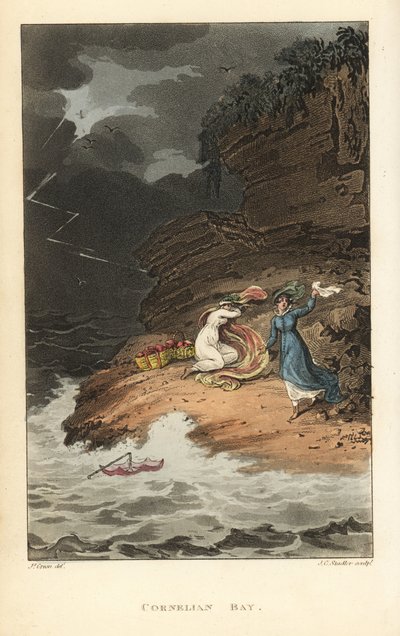 コーネリアンベイ。ピクニックに出かけたリージェンシーの女性たちが、突然の嵐に驚く。Poetical Sketches of Scarborough, Ackermann, LondonのJ.Greenのスケッチに基づくThomas Rowlandsonによる手彩色銅版画、J.C.Stadlerによるアクアチント。 作： Thomas Rowlandson