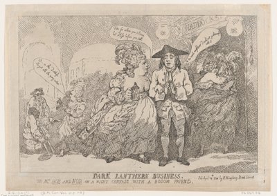 ダーク ランタン ビジネス、またはホブ夫人とノブ夫人、1784 年 4 月 24 日。 作： Thomas Rowlandson