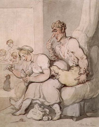 Darning The Sock（ペン＆インク、水彩画 作： Thomas Rowlandson