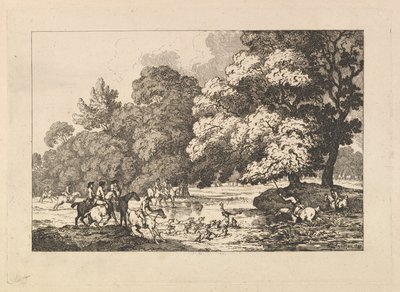 鹿狩り-川でクワガタと猟犬のいる風景シーン、1787年。 作： Thomas Rowlandson