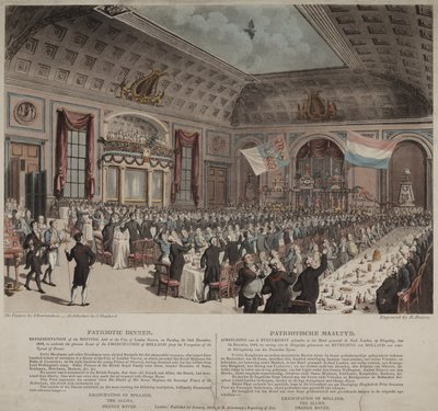 フランスからのオランダ解放を祝うディナー、シティオブロンドンタバーン、ビショップスゲート、1814年（アクアチント） 作： Thomas Rowlandson