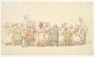 晩餐会、19世紀（グラファイト、ペン＆ブラウンインク、水彩、織物紙） 作： Thomas Rowlandson