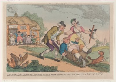 1810 年 11 月 30 日、Dr. Drainbarrel は、Fa の怠慢の裁判を受けるために家に運ばれました。 作： Thomas Rowlandson
