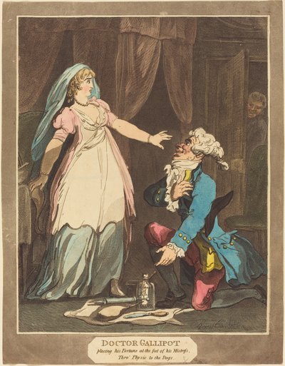 1808年、愛人の足元にフォーチュンを置いたガリポット博士。 作： Thomas Rowlandson